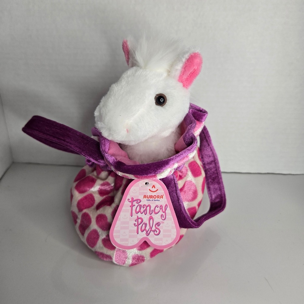 Aurora Fancy Pals Pretty Filly Pink Velvet Bag White Horse Plush Stuffed Animal